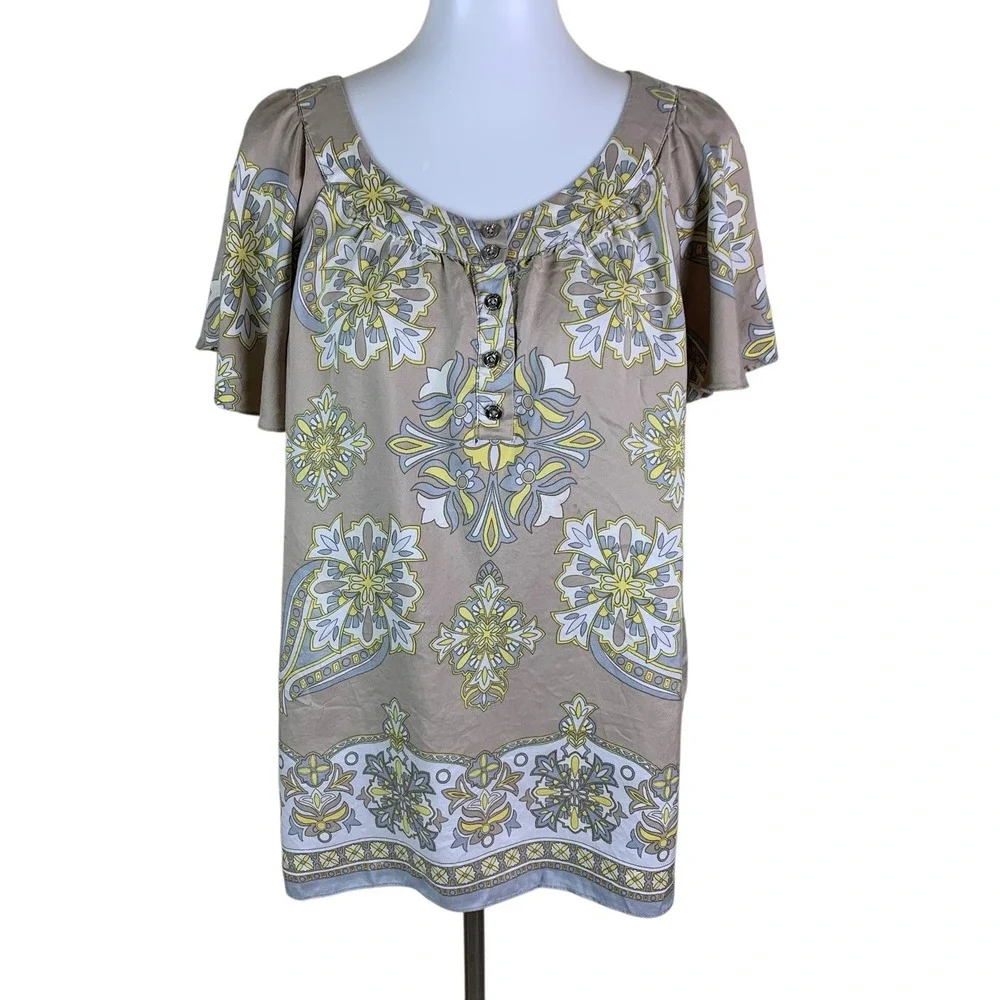 Michael Michael Kors‎ Silk Boho Floral Blouse L Beige Yellow Silk